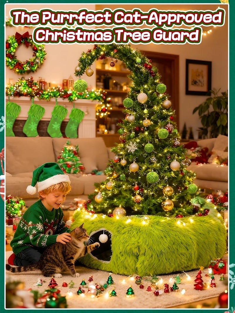 Beeplove Green Fluffy Cat Tunnel Christmas Tree Skirt - Cat Donut Bed, Christmas Tree Protector from Cats, Xmas Small Medium Large Cats Gifts Accessories - Image 4